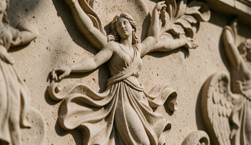 Détail sculpté d'une danseuse céleste dans le grès, éclairé de côté, chaque creux du relief porte sa propre ombre
