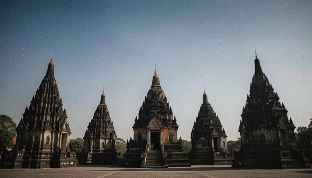 Cinq tours de temple en silhouette noire devant un ciel qui vire du bleu profond à l'orange, l'ensemble se répète à l'envers dans un bassin immobile au premier plan