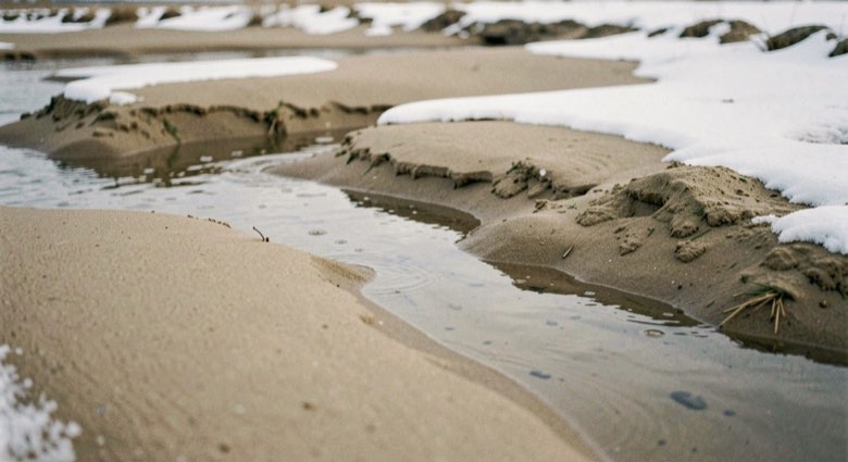 Bancs de sable découverts à marée basse en hiver, nappes d'eau en miroir et ciel gris traversé d'une éclaircie