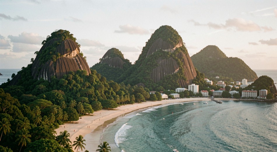 Baie tropicale dominée par des pitons de granit couverts de forêt, longue plage courbe et ville au pied du relief en fin de journée