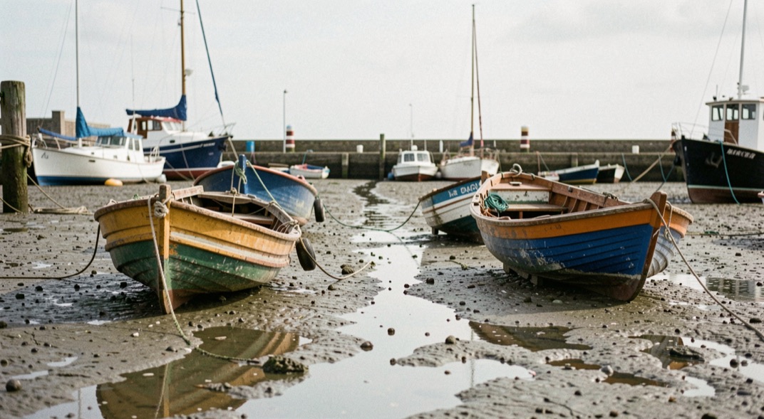 Petits bateaux posés sur la vase à marée basse dans un port abrité, chenal d'eau réfléchissant le ciel gris entre les coques