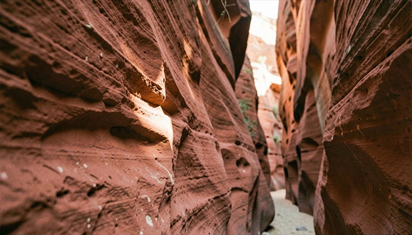 Paroi de grès rouge dans un canyon étroit, la lumière réfléchie sur la roche colore l'air en orange