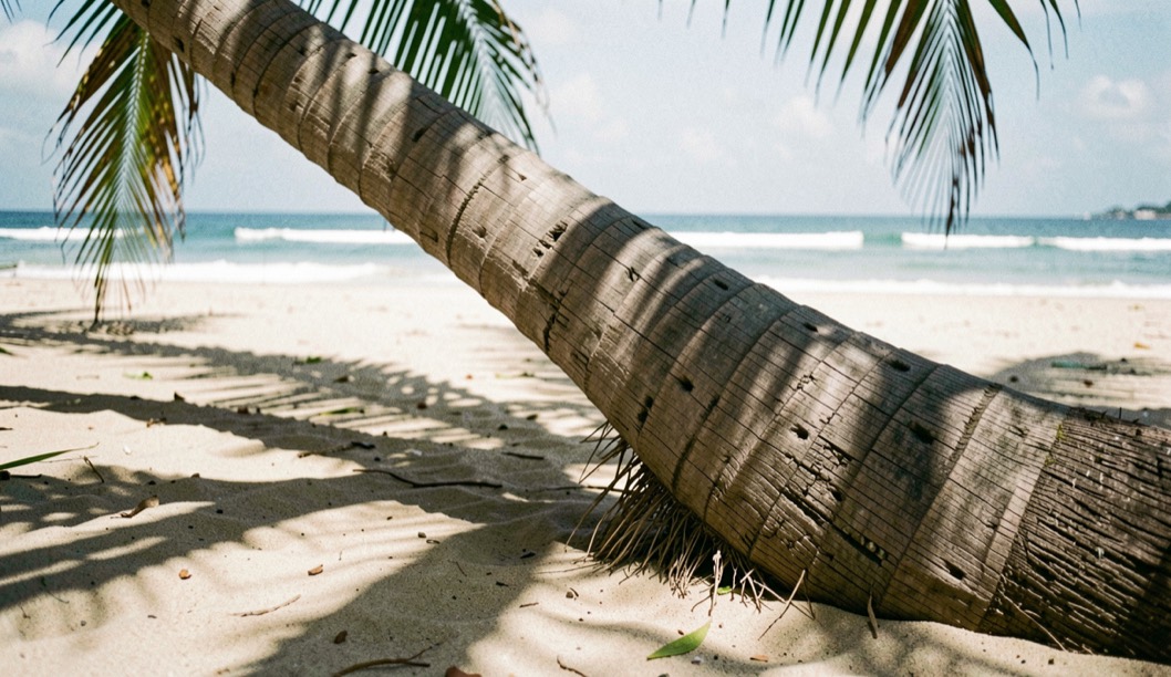 Tronc de cocotier courbé au-dessus du sable, son ombre découpée traverse la plage en diagonale sous un soleil haut