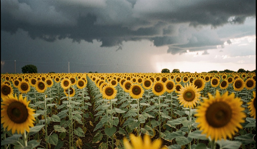 Champ de tournesols alignés vers l'horizon sous un ciel d'orage en formation, une trouée éclaire le premier rang