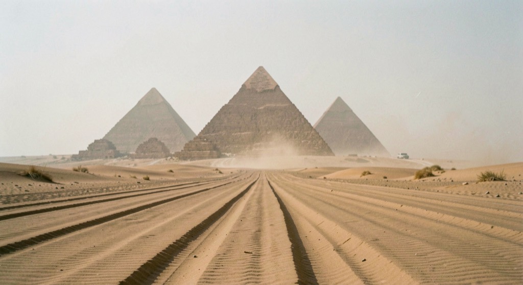 Trois pyramides alignées vues de loin, celle du fond pâlie par une brume de sable, sillons du désert au premier plan