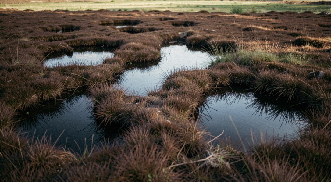 Tourbière aux mares d'eau noire dans une lande brune, une trouée de lumière éclaire une bande d'herbe au fond