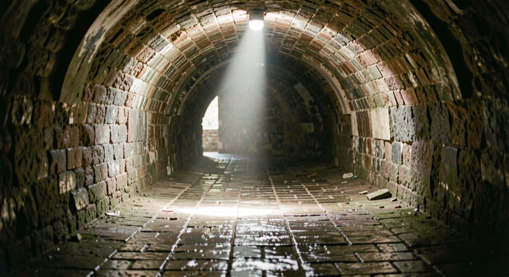 Ruelle voûtée aux pavés usés et brillants, un unique rai de lumière tombe d'une ouverture et éclaire un carré de sol