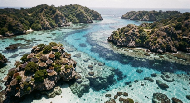 Lagon vu en forte plongée, chenaux bleu marine serpentant entre des hauts-fonds turquoise et taches sombres des massifs coralliens