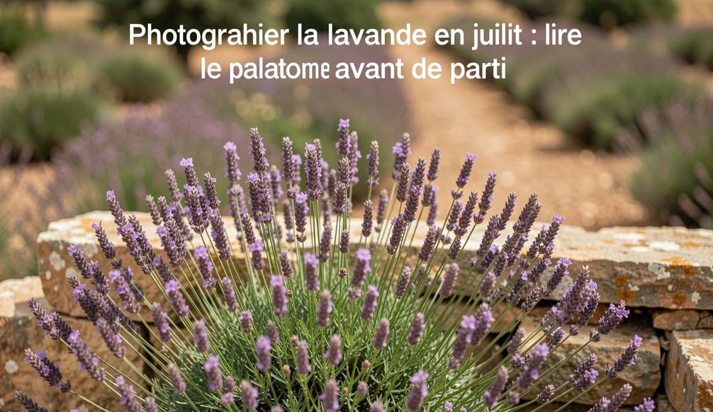 Rangs de lavande en fleur qui convergent vers l'horizon d'un plateau, lumière rasante du soir qui allonge l'ombre de chaque touffe sur la terre claire