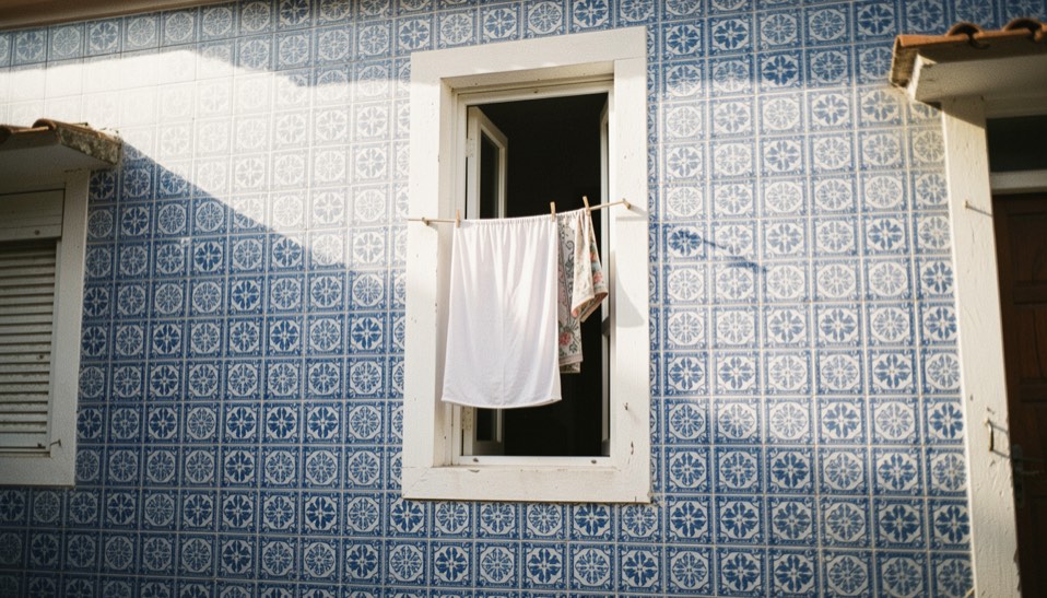 Façade entièrement carrelée de faïence bleue et blanche, une fenêtre ouverte avec du linge suspendu, lumière latérale de fin d'après-midi