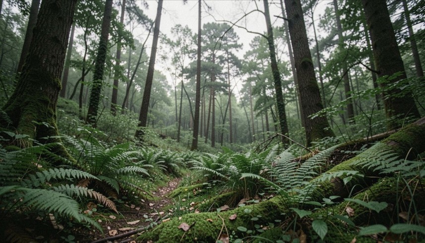 Sous-bois par ciel couvert, lumière égale sans ombre marquée, les verts sont profonds et saturés