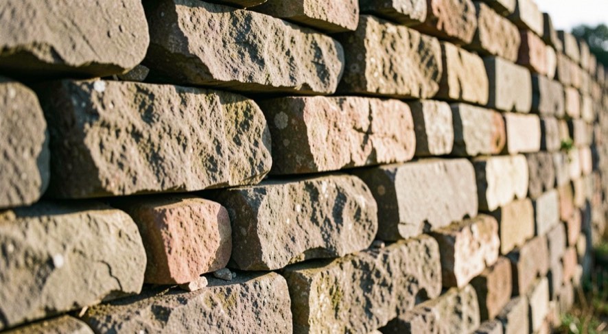 Mur de pierre sèche éclairé de côté, chaque saillie projette une petite ombre et la texture ressort