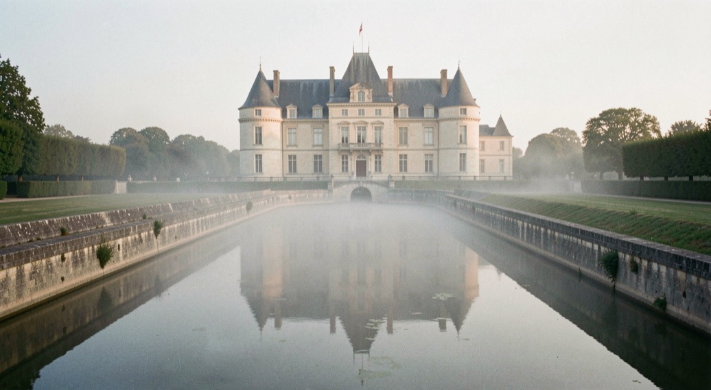 Une allée du parc bordée d'arbres au lever du soleil, lumière rasante traversant les feuillages et projetant des bandes d'ombre sur le sol, cadrage en contre-plongée légère vers le fond de l'allée.