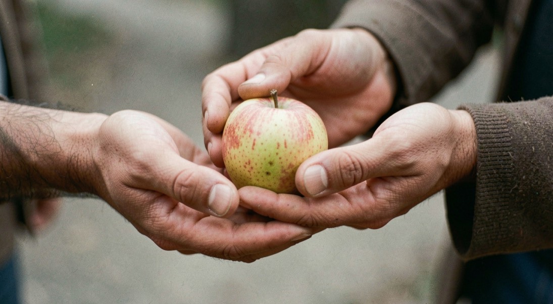 Gros plan sur deux mains qui tendent un fruit au-dessus d'une balance de bord, le reste de la barque reste flou à l'arrière