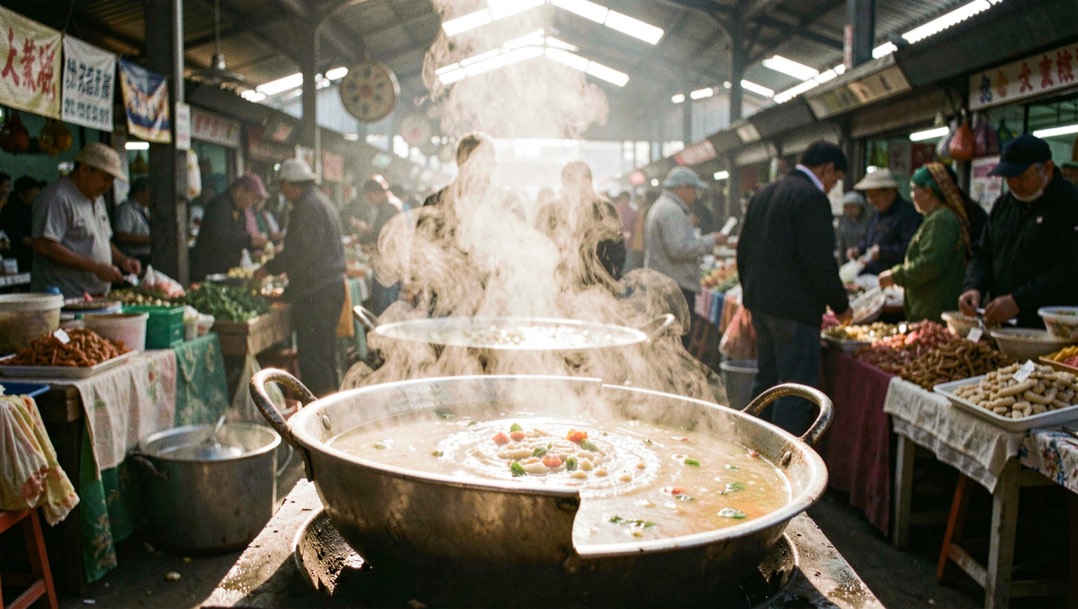 Étal de soupe fumante dans un marché couvert au petit matin, la vapeur monte dans un rai de lumière venu d'une ouverture du toit