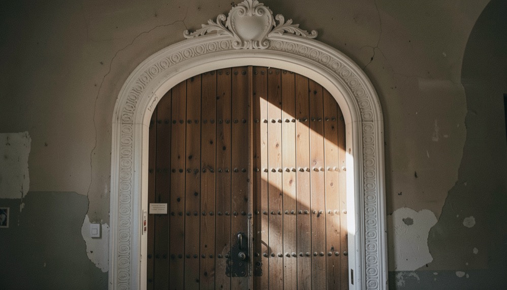 Porte de bois clouté encadrée d'un arc de plâtre sculpté, éclairée par la lumière rebondie d'une cour, le reste du mur dans l'ombre