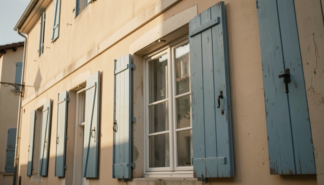 Façade ocre aux volets bleus fermés, la lumière rasante du matin dessine l'ombre portée d'un balcon en fer forgé