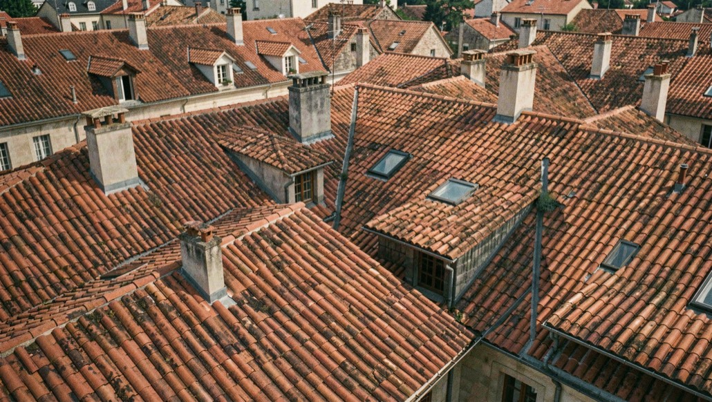 Mer de toits de tuiles rouges vue en plongée, lucarnes et cheminées projettent des ombres courtes en fin de matinée