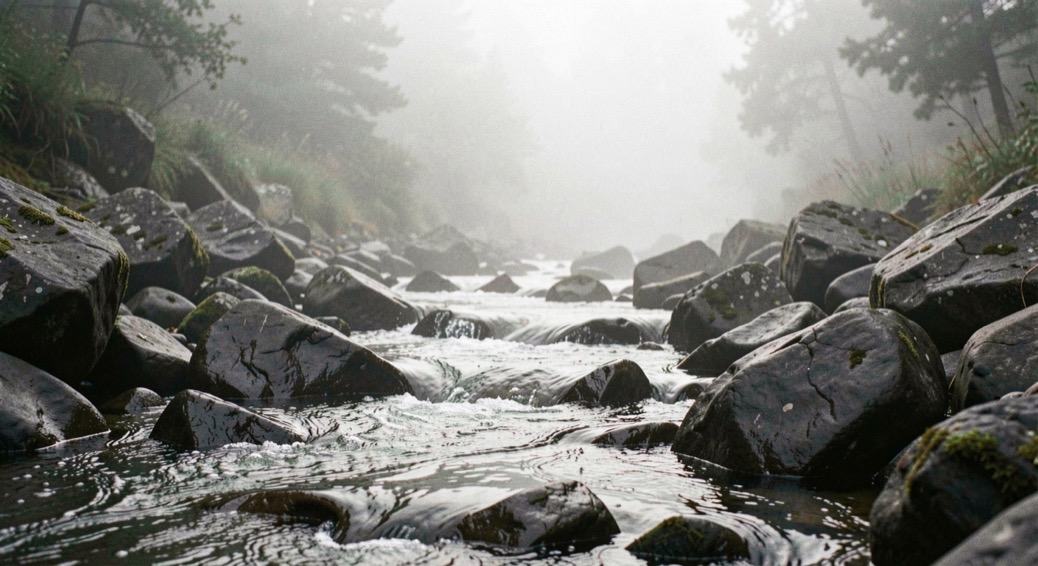 Rivière coulant entre des rochers sombres, brume matinale au-dessus de l'eau et forêt colorée sur les deux rives