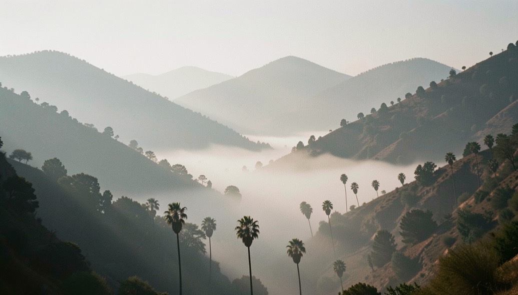 Nappe de brume basse au fond d'un vallon, des palmiers dépassent en silhouette et les crêtes successives pâlissent vers l'horizon