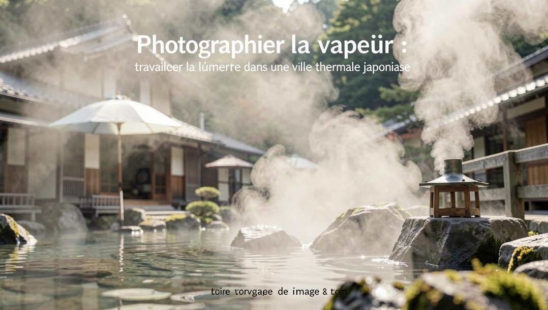 Rue d'une ville thermale japonaise au soir, lanternes de papier allumées le long des façades et nappes de vapeur qui traversent la lumière