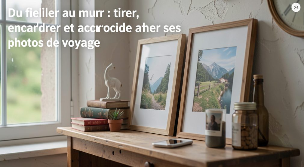 Grand tirage encadré accroché au mur d'un séjour, la lumière d'une fenêtre latérale rase la surface du cadre et dessine son ombre