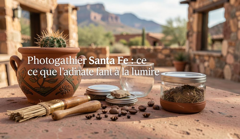 Place bordée de bâtiments en adobe sous un soleil dur de milieu de journée, ombres courtes et très noires au pied des murs