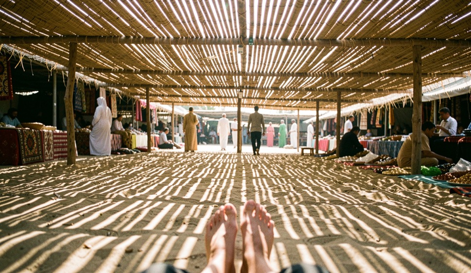 Sol de souk rayé de bandes de lumière régulières projetées par un auvent de roseaux, des pieds traversent le motif