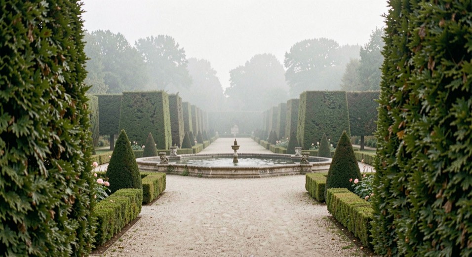 Grande perspective d'un jardin à la française, allée centrale bordée d'ifs taillés menant à un bassin, brume légère au fond de l'axe